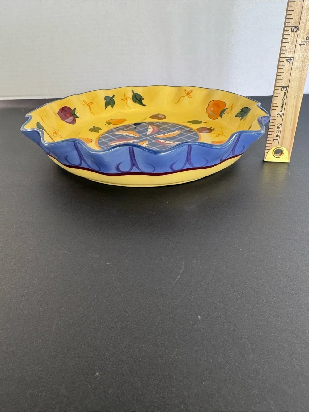 Hand-Painted Yellow and Blue Fruit Ceramic Serving Bowl